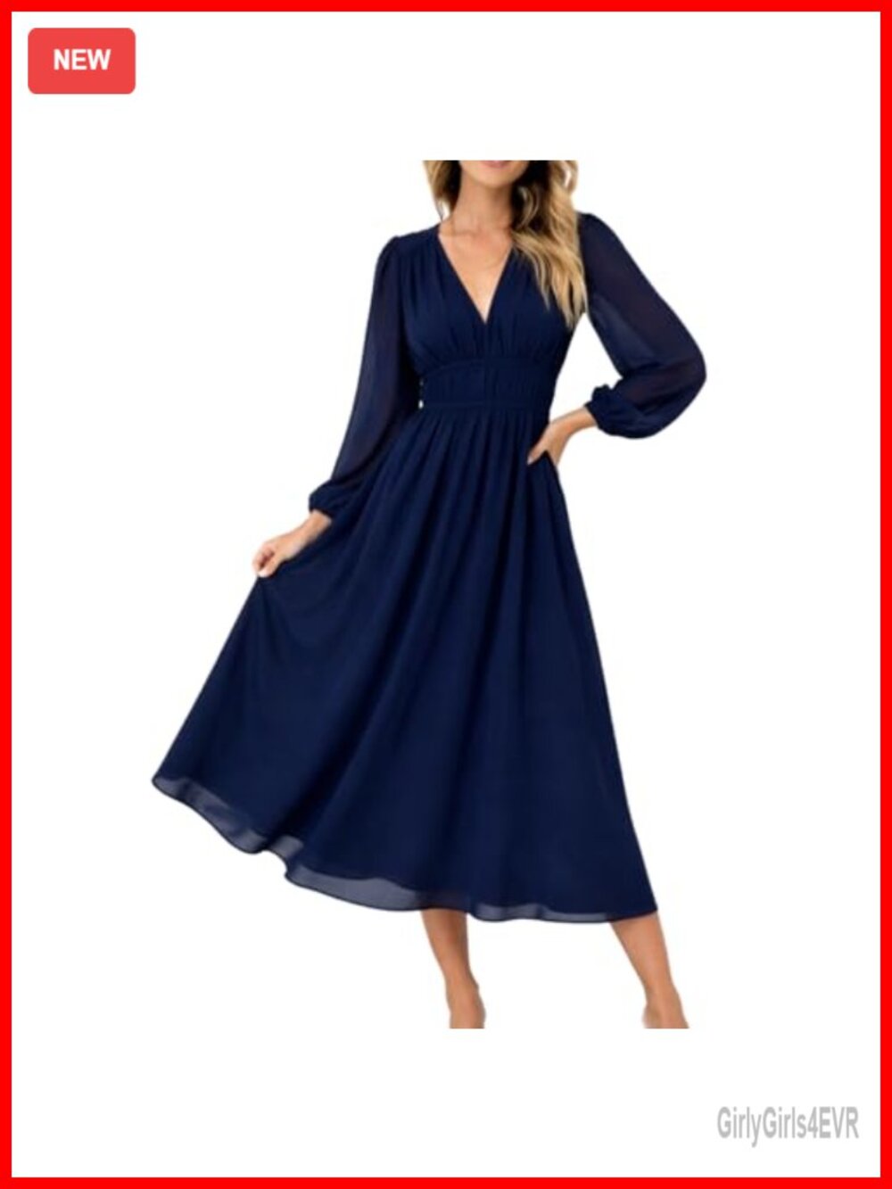 Womens Long Sleeve V-Neck Floral Maxi Dress Chiffon Flowy A-Line
